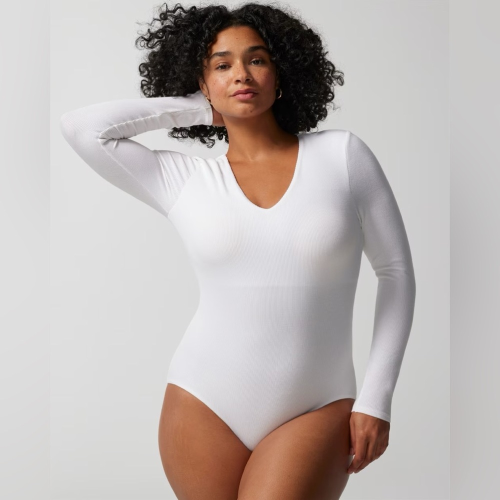 Soma White BODY RIBBED Long Sleeve V-Neck Bra Bodysuit Top